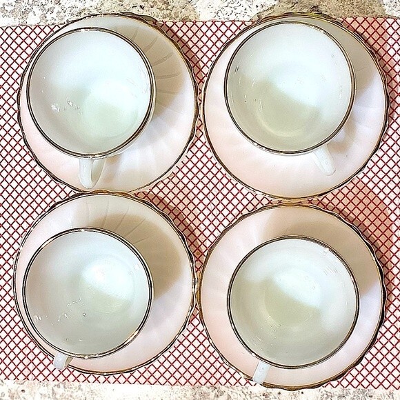 Two Vintage Anchor Hocking Milk Glass Cup and Saucer Sets - Picture 2 of 5